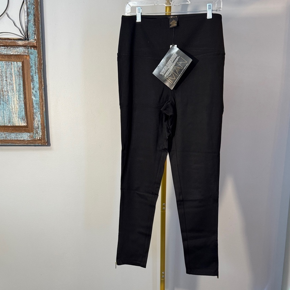 IMAN Black Leggings gold accent zippers NWT L